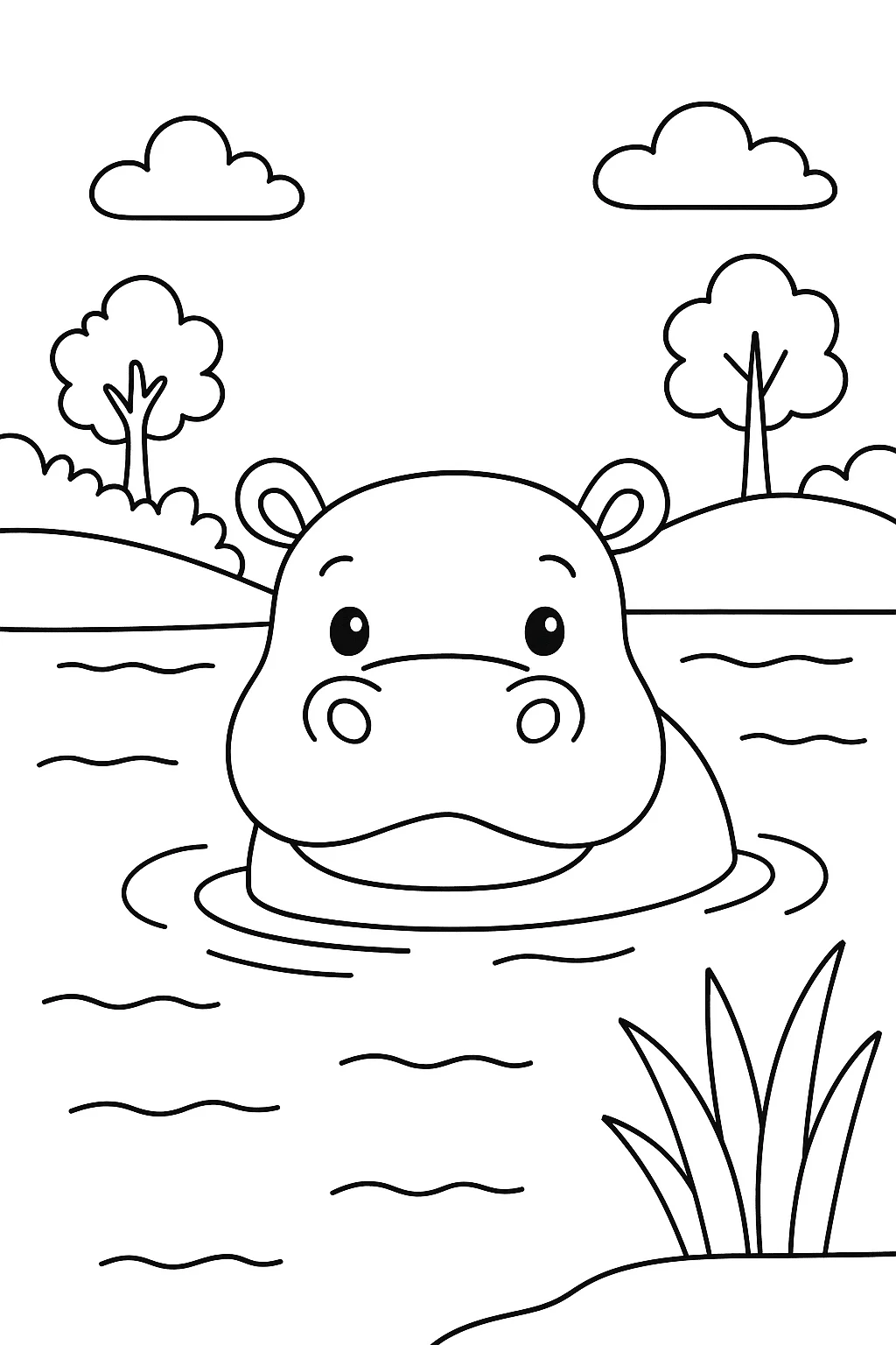 Desenho de hipopotamo no rio para colorir e imprimir