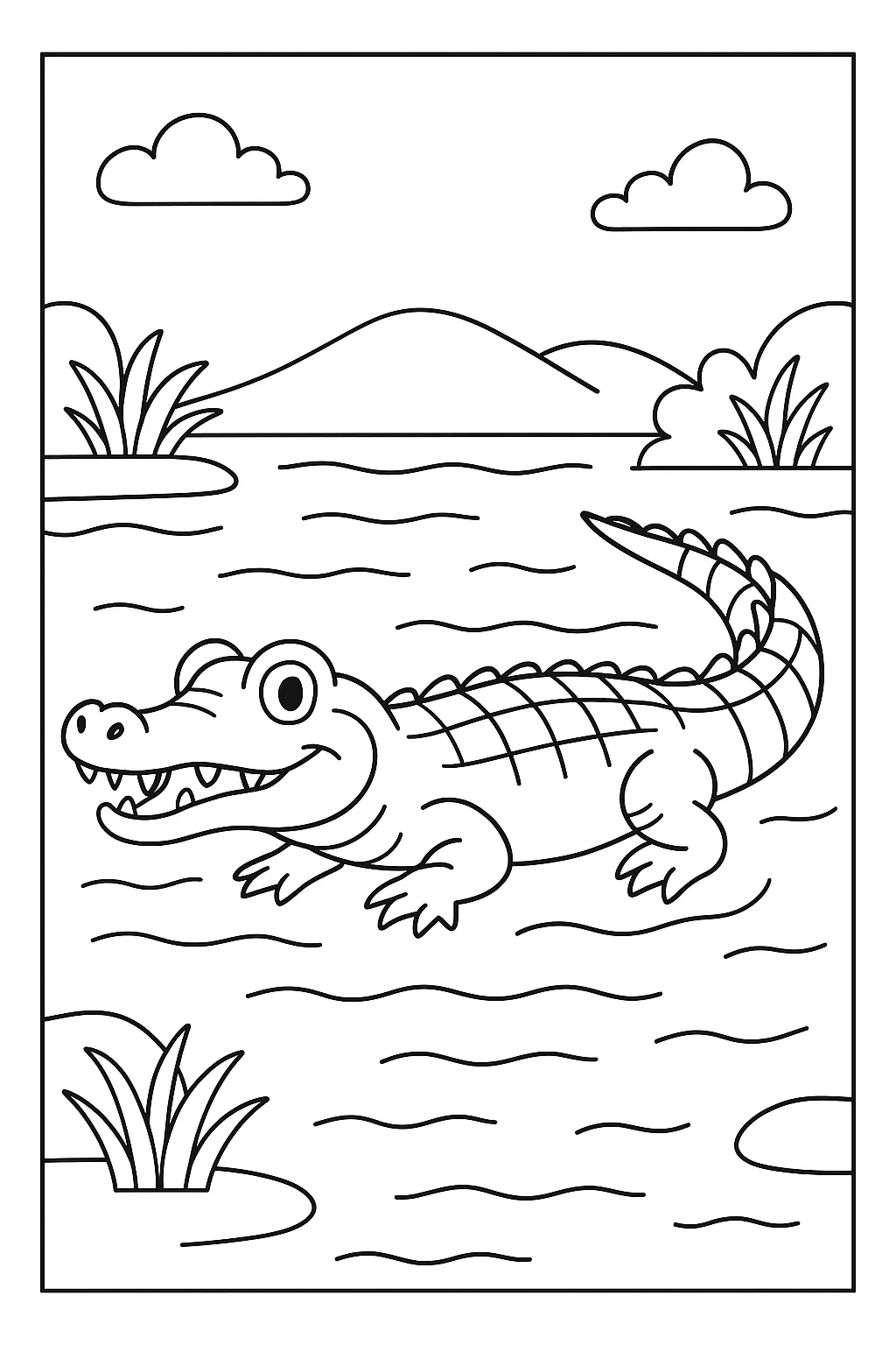 Desenho de jacare no rio para colorir e imprimir
