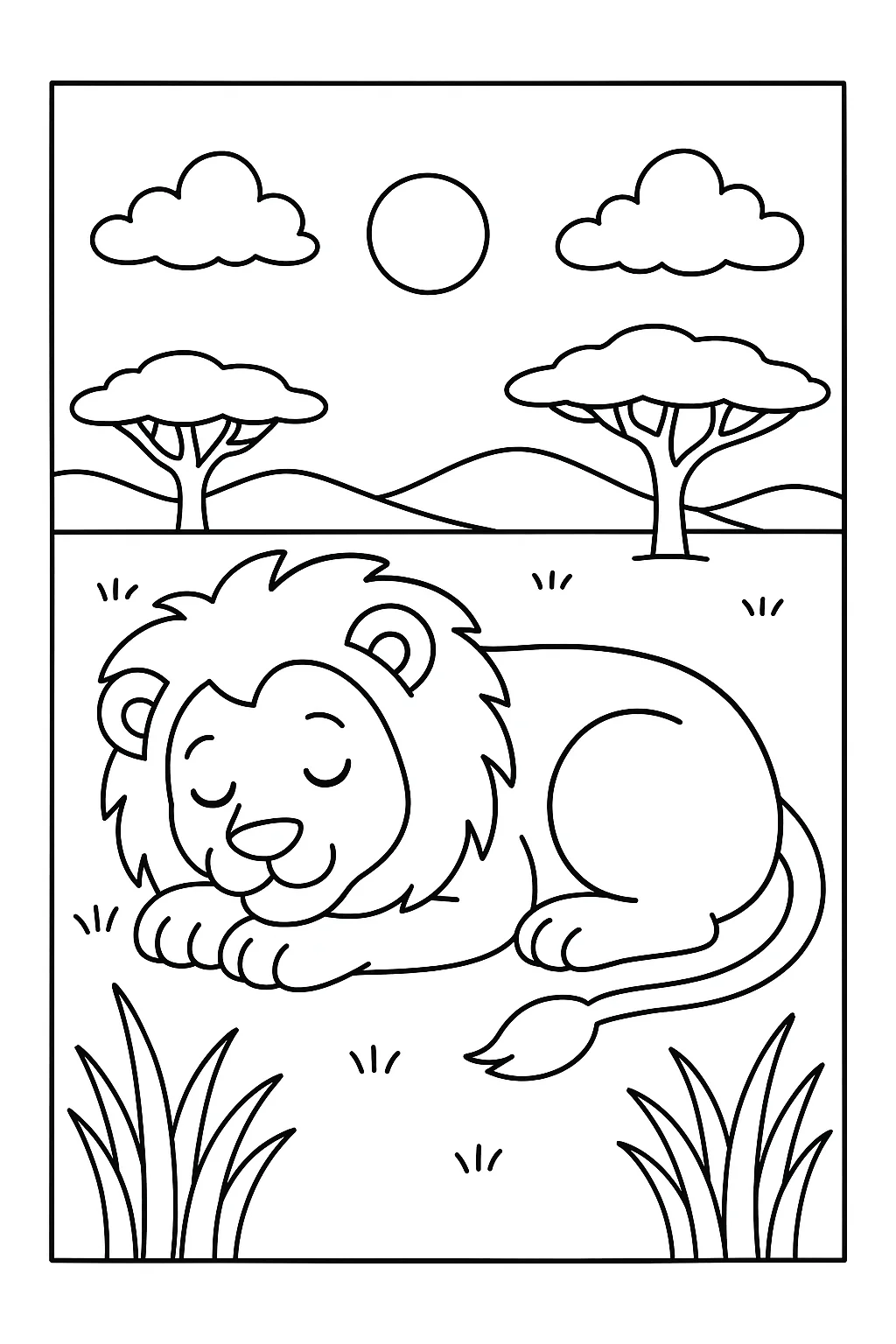 Desenho de leao dormindo na savana para colorir e imprimir