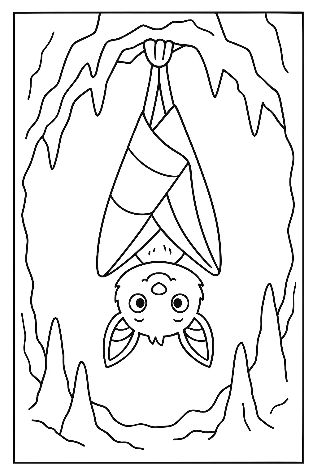 Desenho de morcego pendurado na caverna para colorir e imprimir