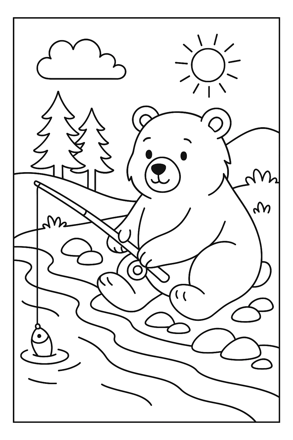 Urso Pescando No Rio para Colorir