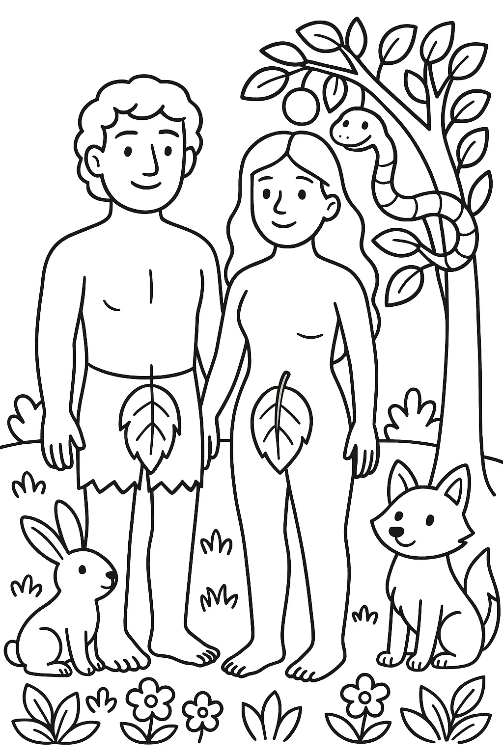 Desenho de adão e eva no jardim para colorir e imprimir