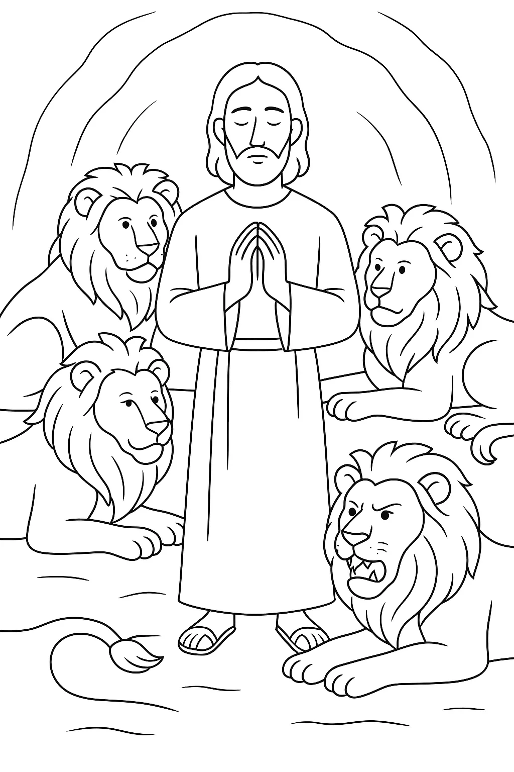 Desenho de daniel na cova dos leoes para colorir e imprimir