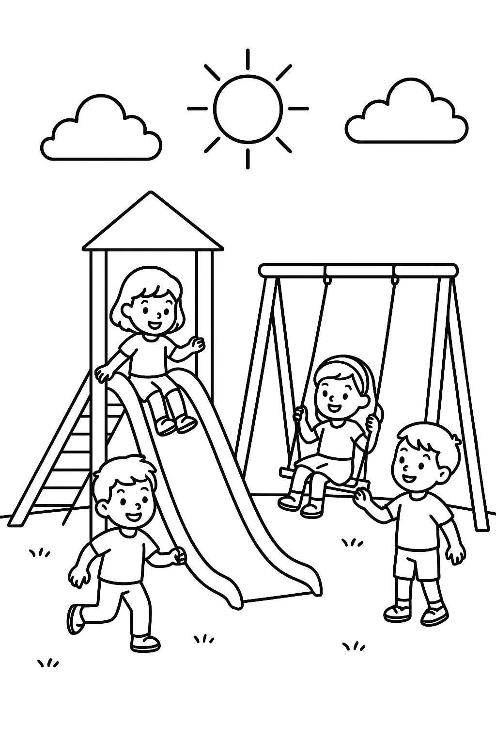 Desenho de crianças no parquinho para colorir e imprimir