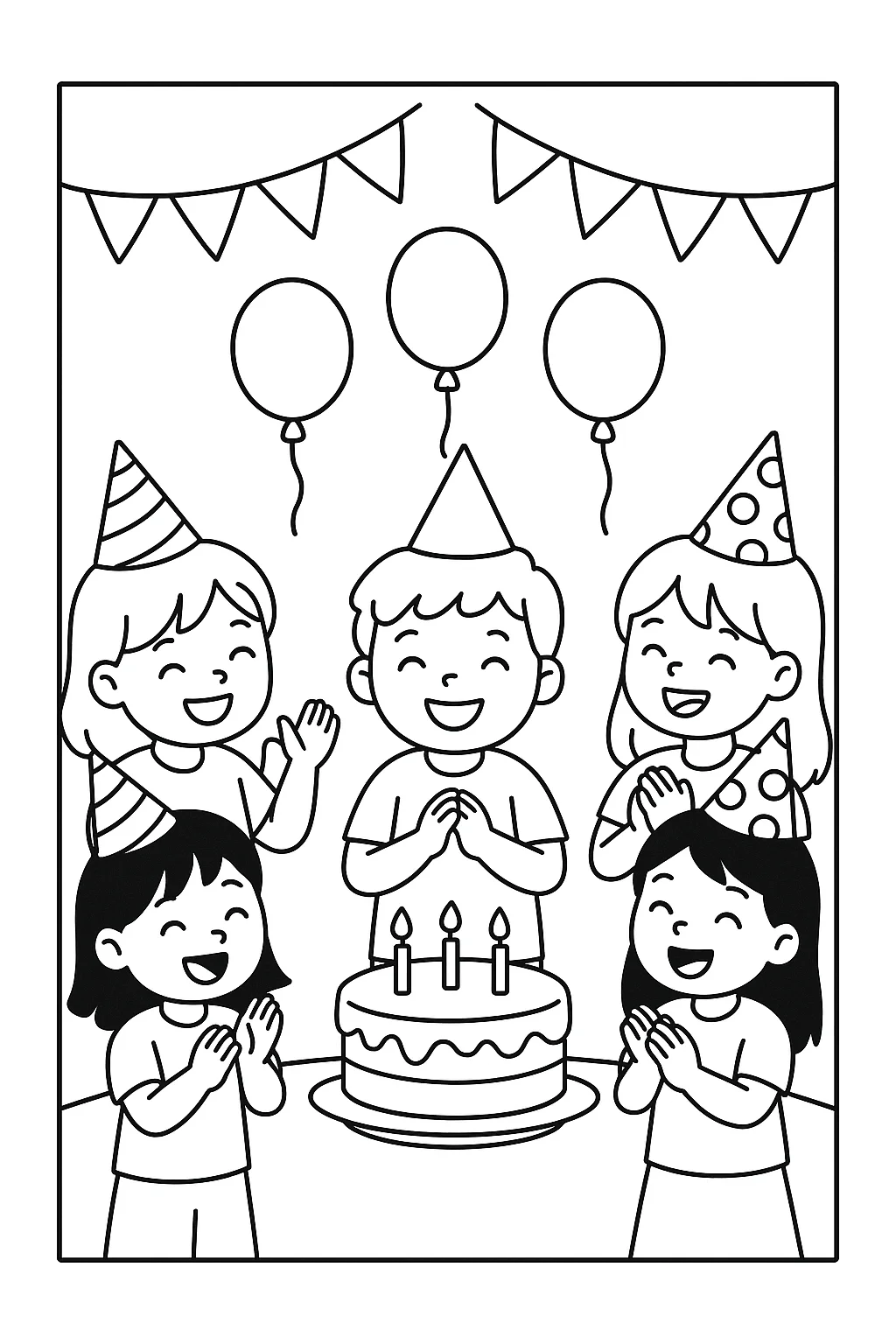 Desenho de festa de aniversario com amigos para colorir e imprimir