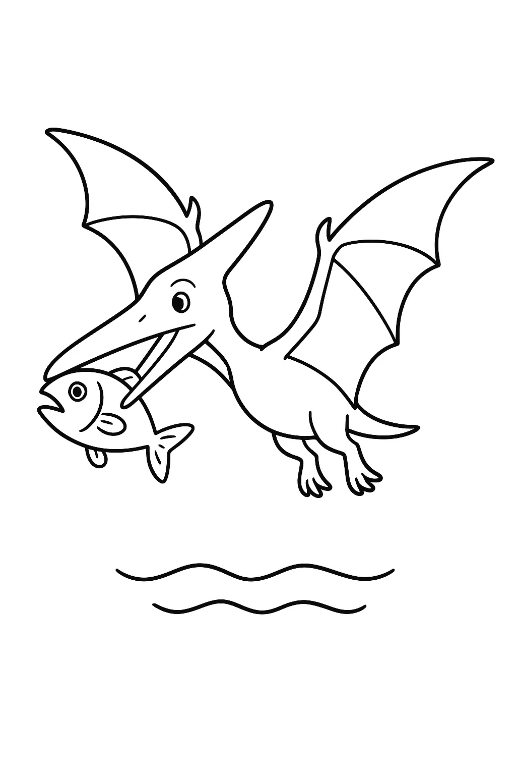 Desenho de dinossauro voador pegando peixe para colorir e imprimir