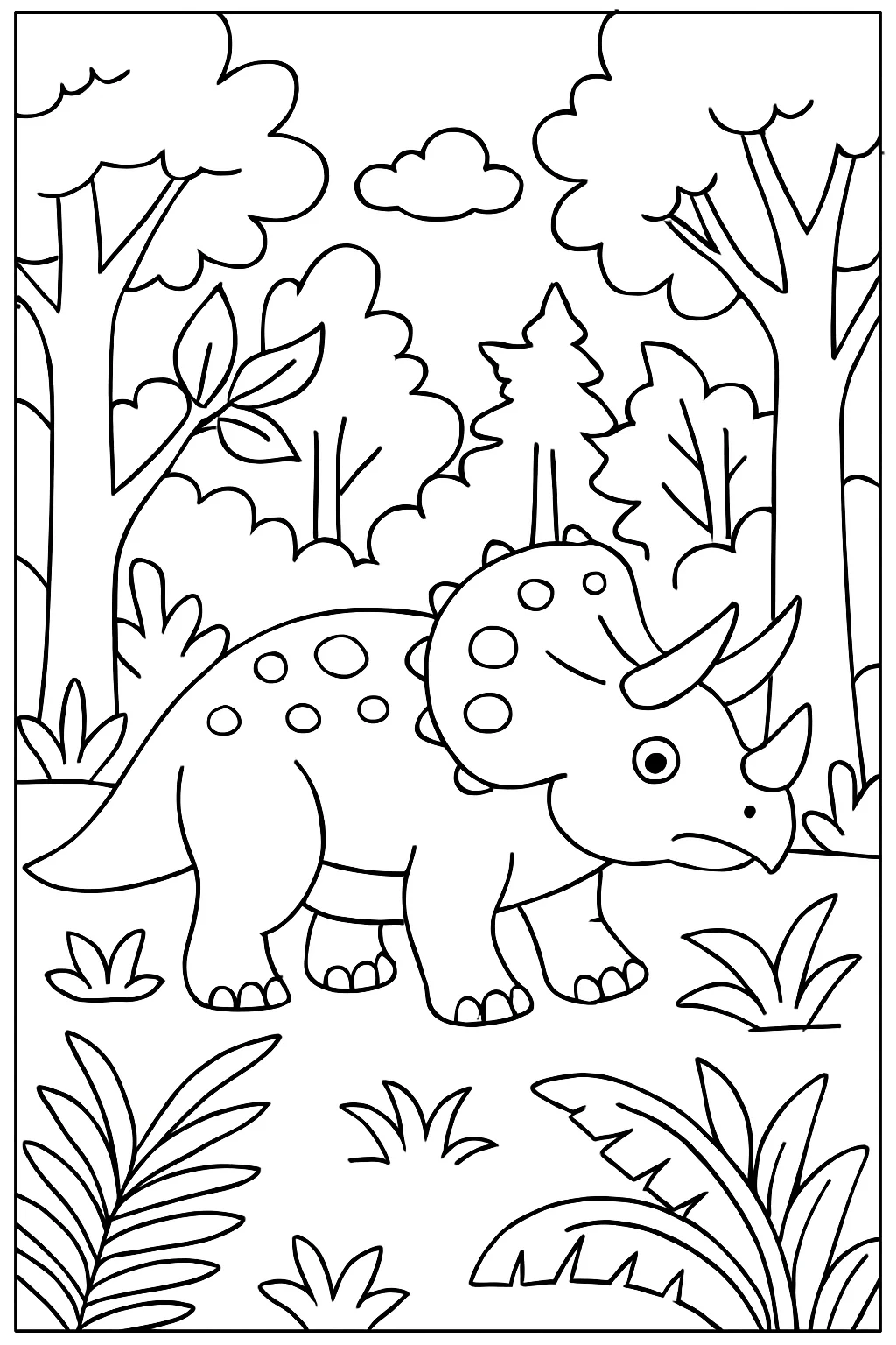 Desenho de triceratops na floresta para colorir e imprimir