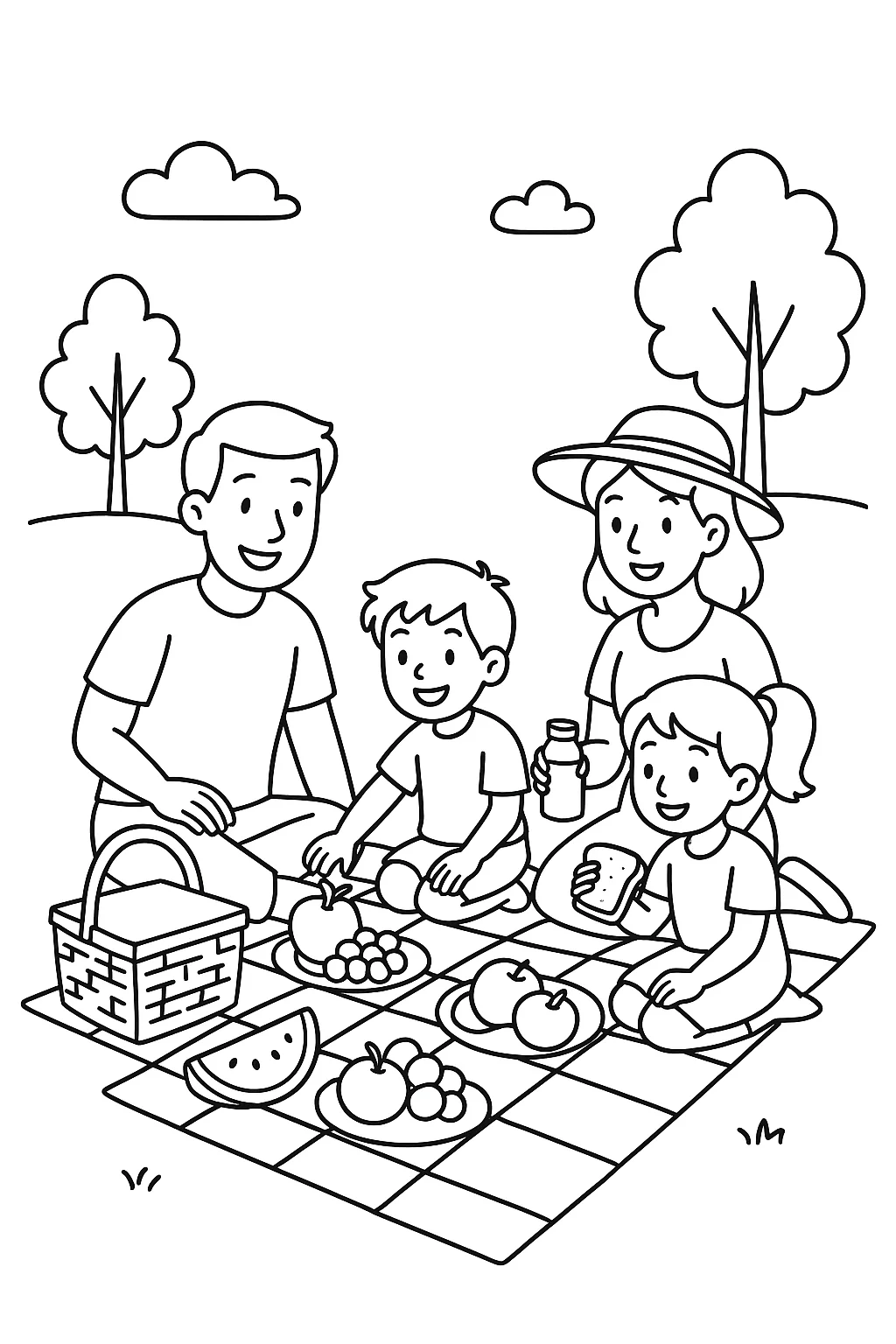 Desenho de familia fazendo piquenique para colorir e imprimir