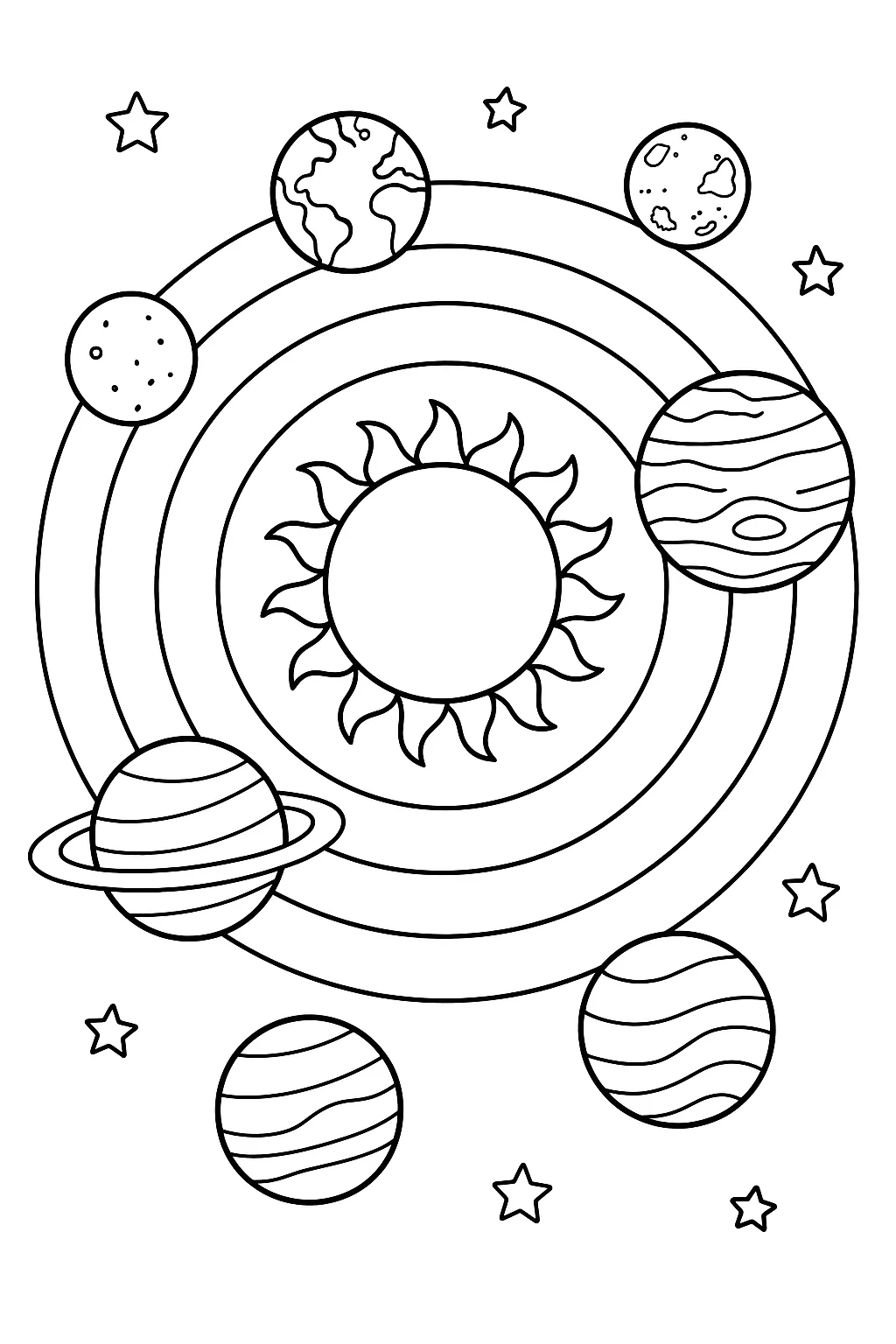 Desenho de sistema solar com os planetas para colorir e imprimir