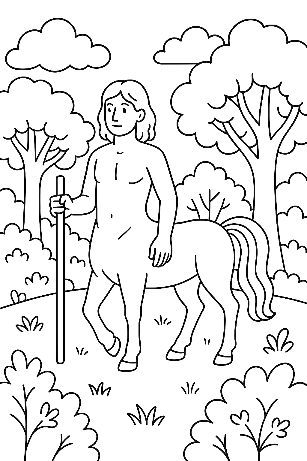 Desenho de centauro na floresta para colorir e imprimir