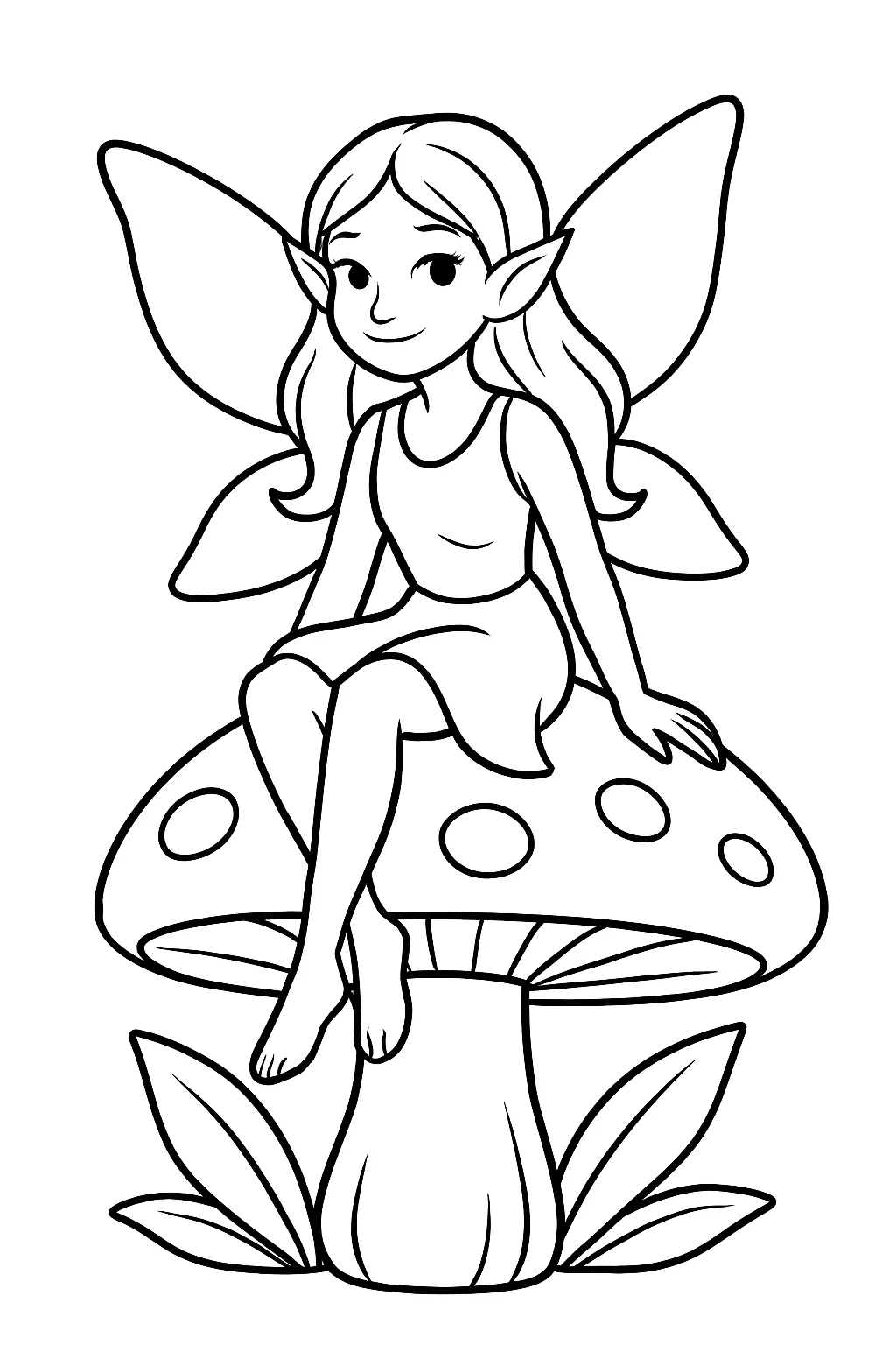 Desenho de fada no cogumelo para colorir e imprimir