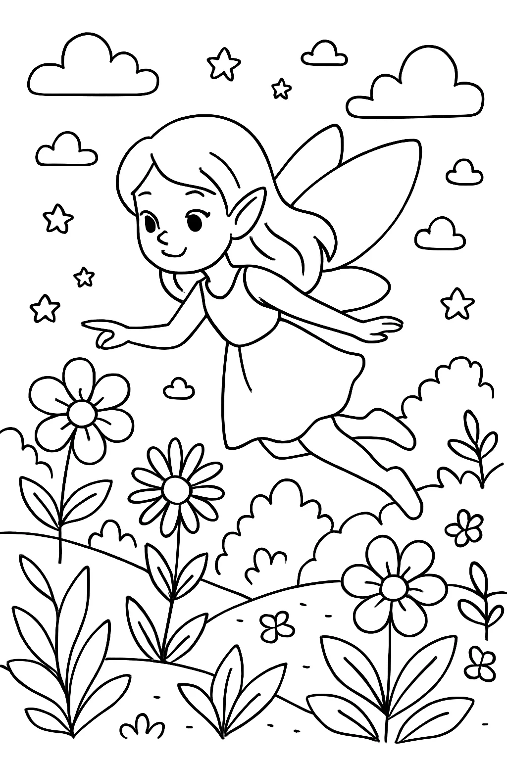 Desenho de fada voando no jardim encantado para colorir e imprimir