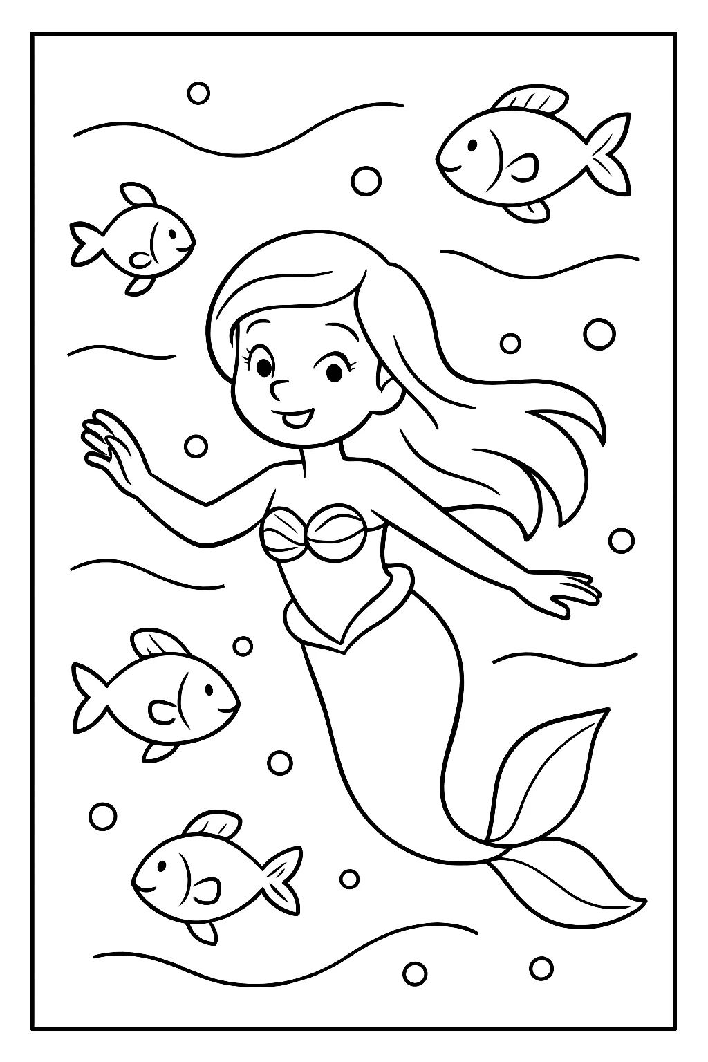 Sereia Nadando Com Peixes para Colorir