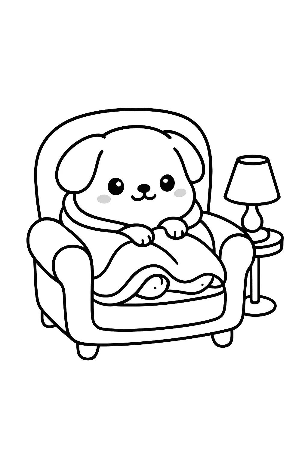 Desenho fofo estilo aconchegante de cachorrinho na poltrona para colorir e imprimir