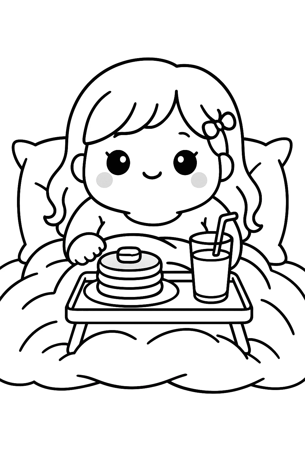 Desenho fofo estilo aconchegante de café da manhã na cama para colorir e imprimir