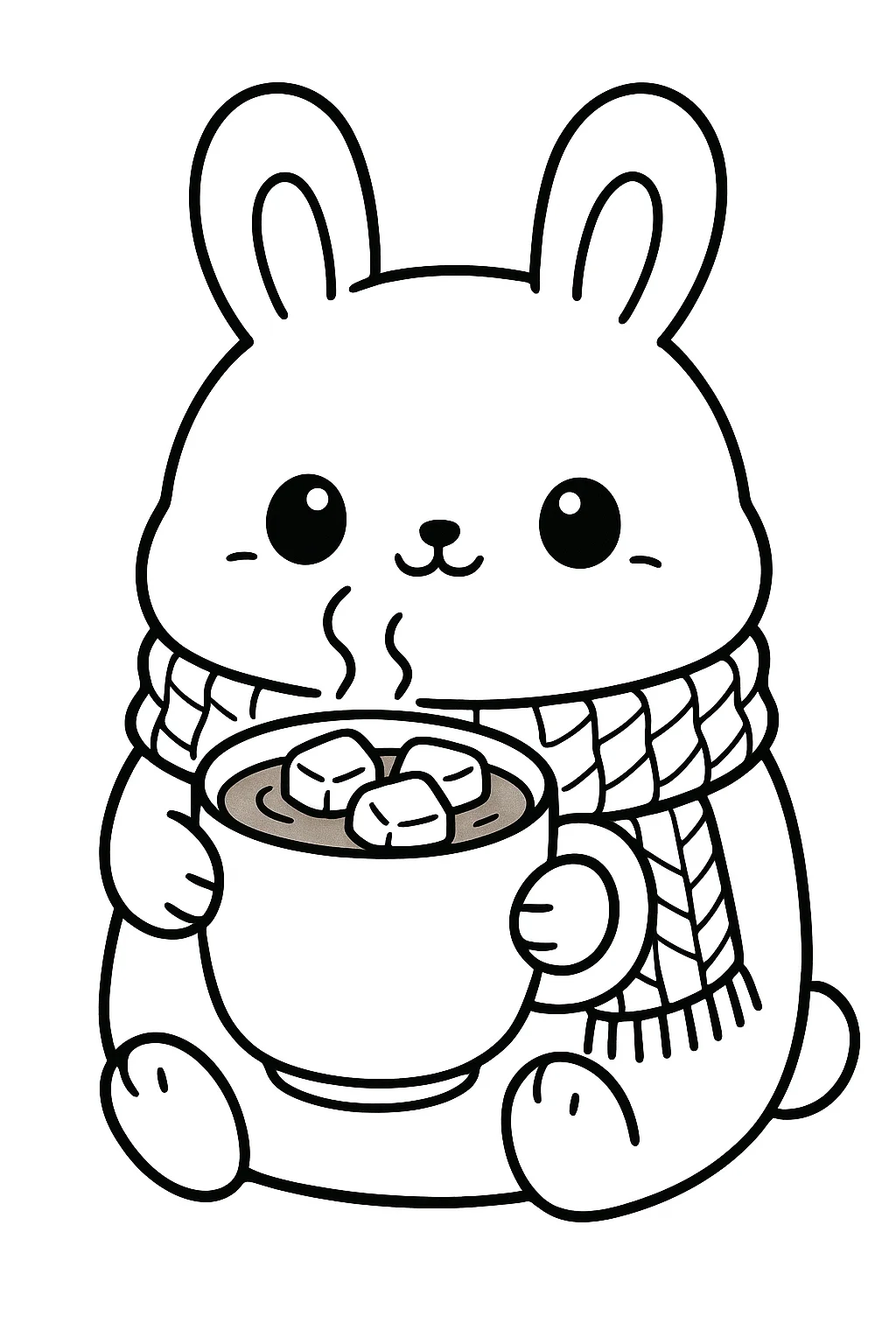 Desenho fofo estilo aconchegante de coelhinho com chocolate quente para colorir e imprimir