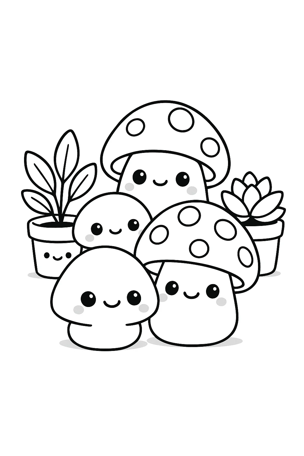 Desenho fofo estilo aconchegante de cogumelos e plantinhas fofas para colorir e imprimir