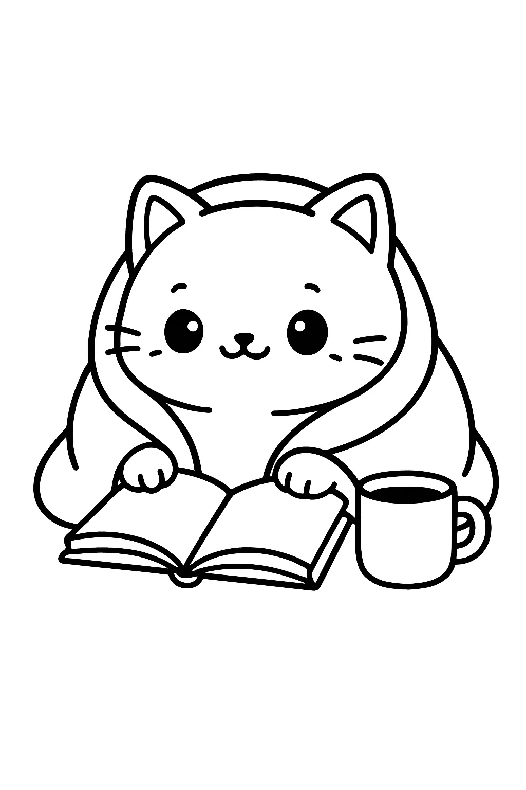 Desenho fofo estilo aconchegante de gatinho lendo com cobertor para colorir e imprimir
