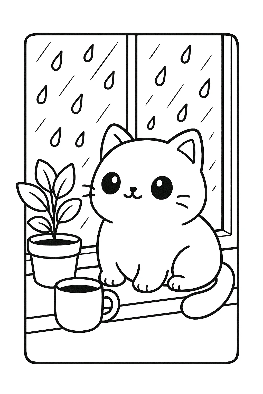 Desenho fofo estilo aconchegante de gatinho na janela num dia de chuva para colorir e imprimir