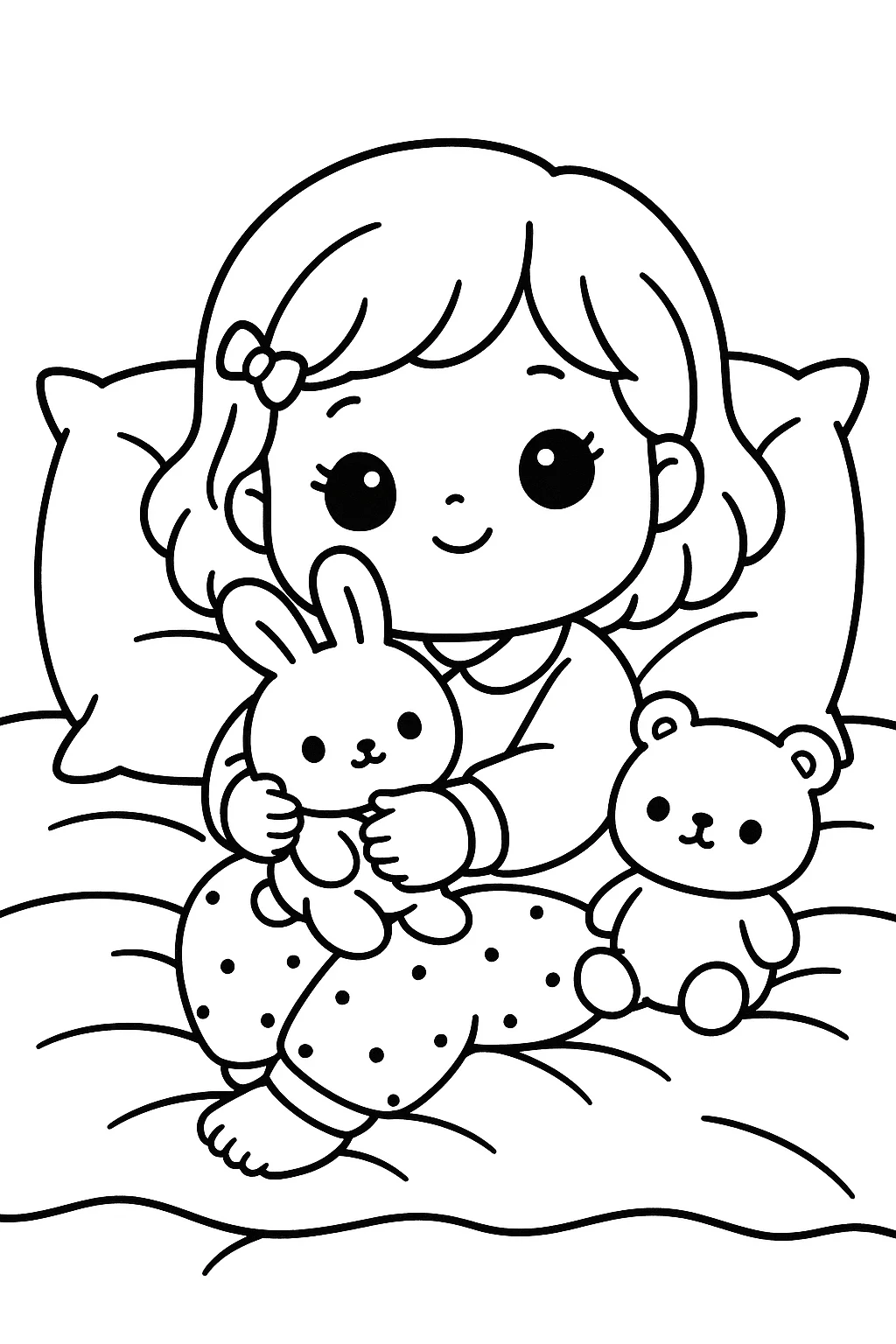 Desenho fofo estilo aconchegante de menina de pijama com pelúcias para colorir e imprimir