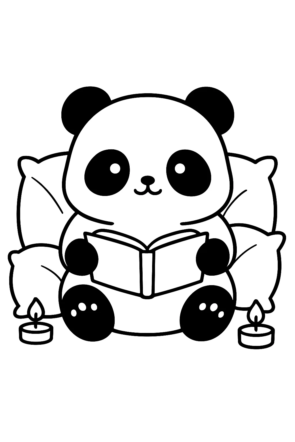 Desenho fofo estilo aconchegante de panda com velas e almofadas para colorir e imprimir