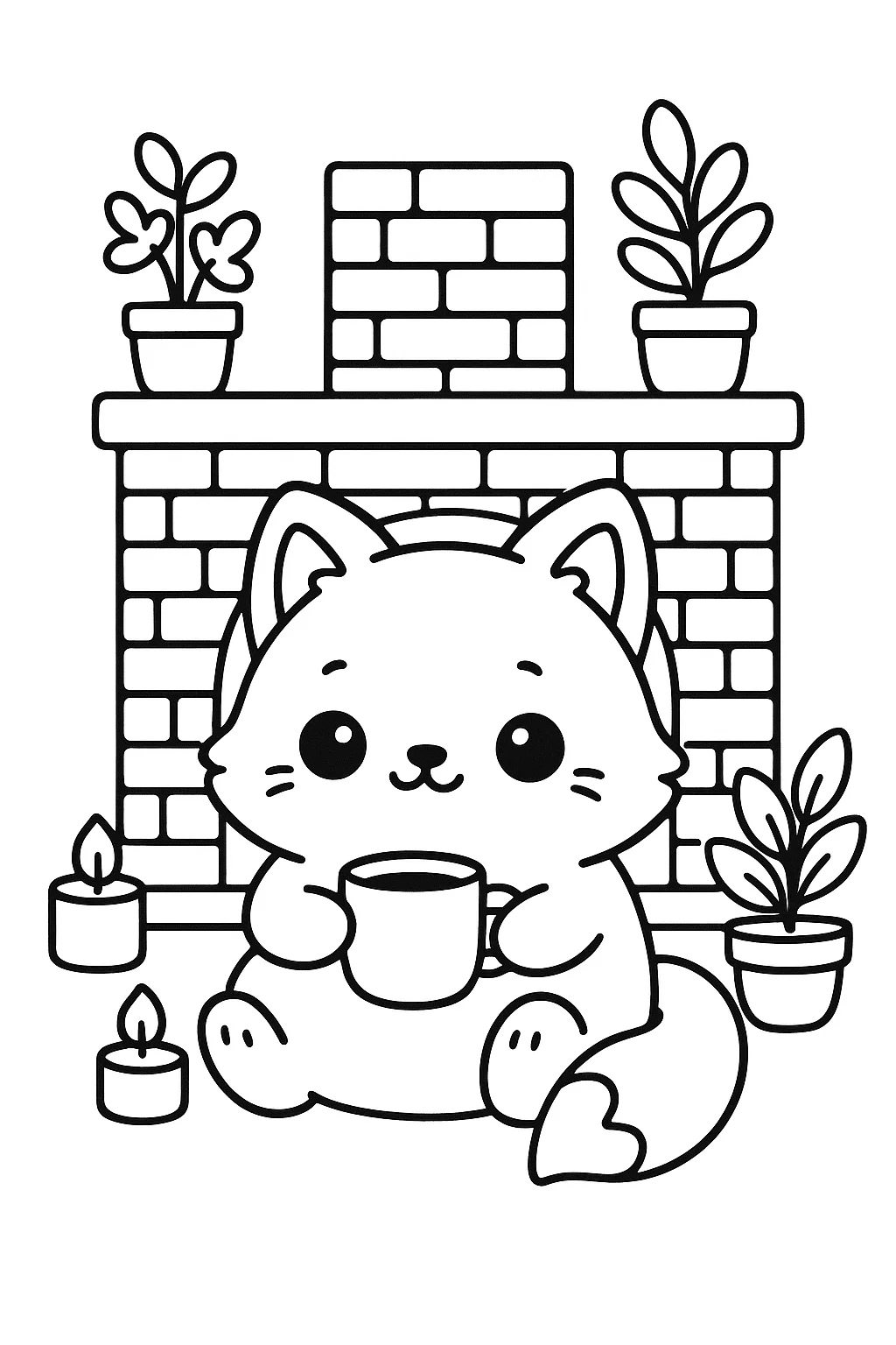 Desenho fofo estilo aconchegante de raposinha perto da lareira para colorir e imprimir
