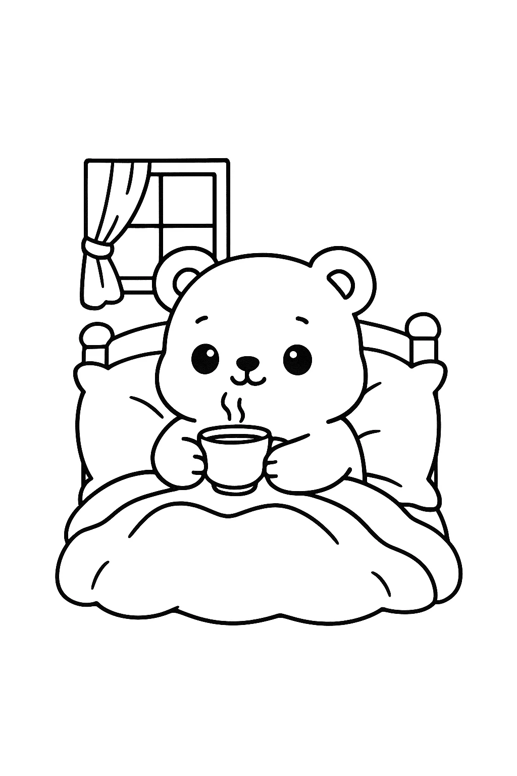 Desenho fofo estilo aconchegante de ursinho tomando chá na cama para colorir e imprimir