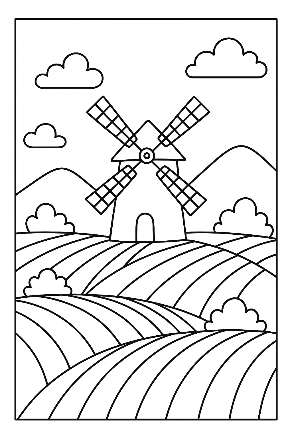 Campo Com Moinho De Vento para Colorir