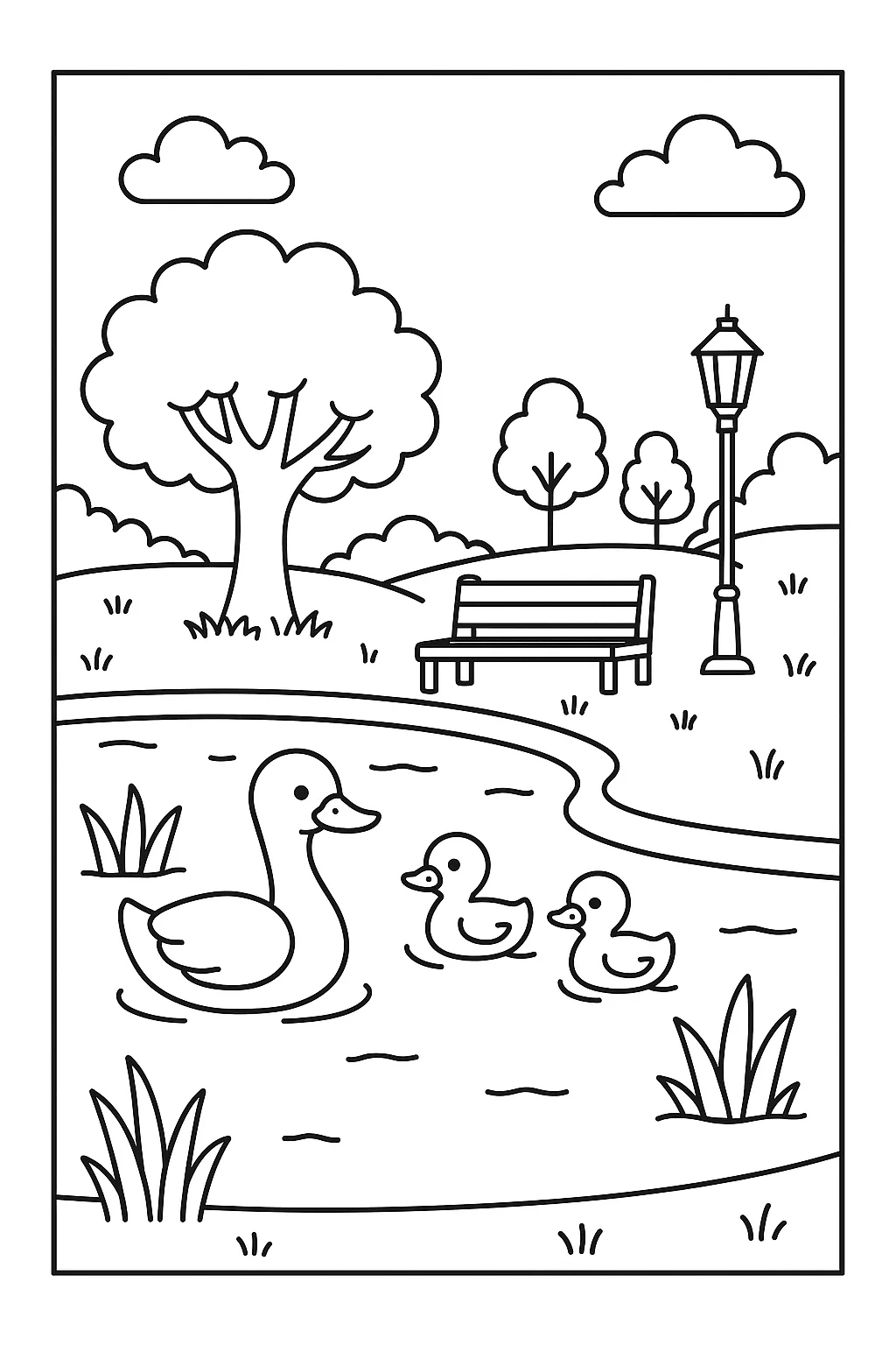 Desenho de parque com lago e patos para colorir e imprimir