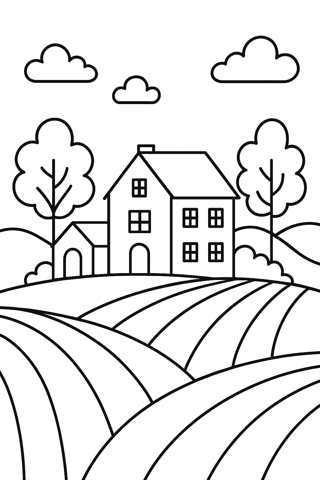 Desenho de vila no campo para colorir e imprimir