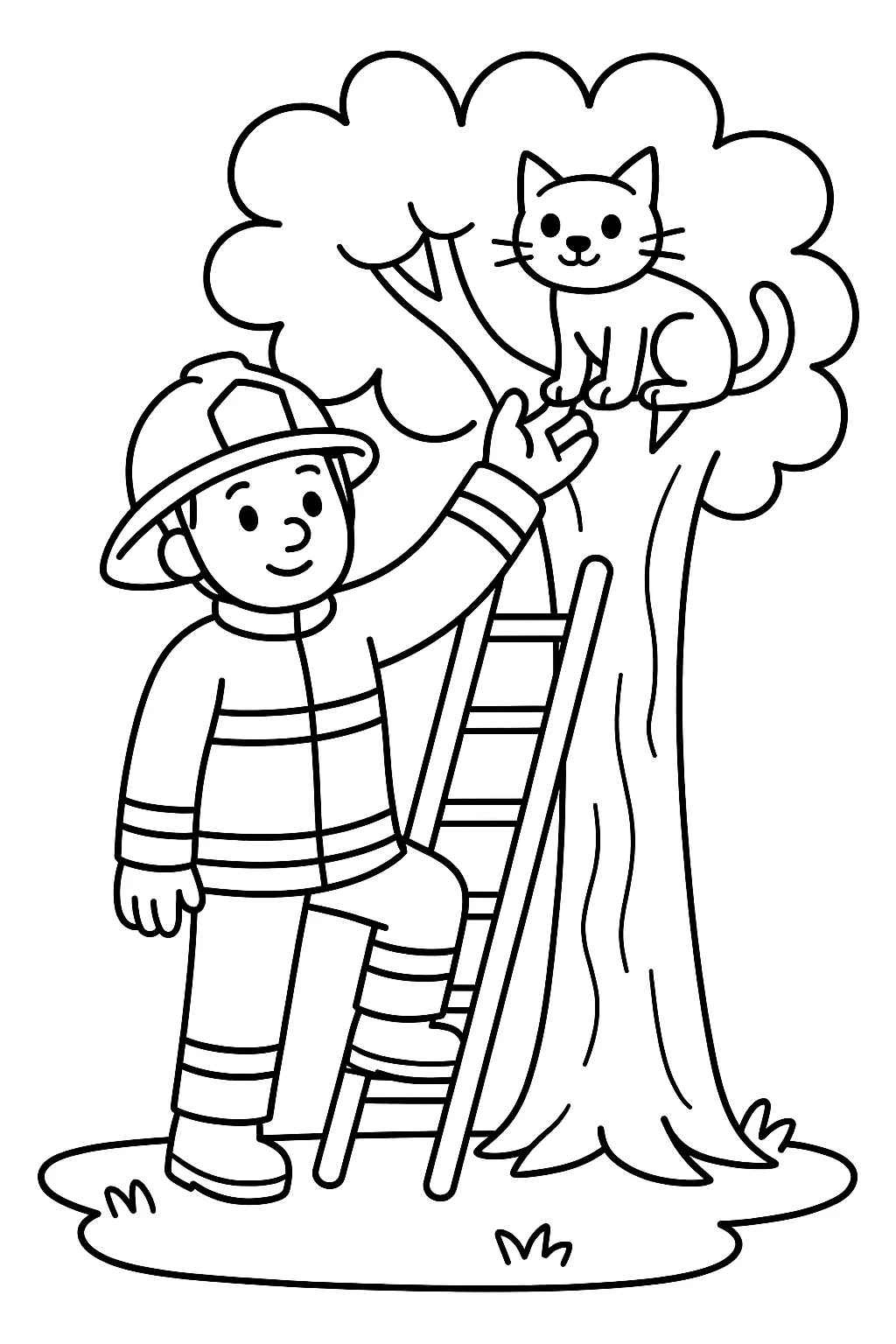 Desenho de bombeiro resgatando gato da arvore para colorir e imprimir