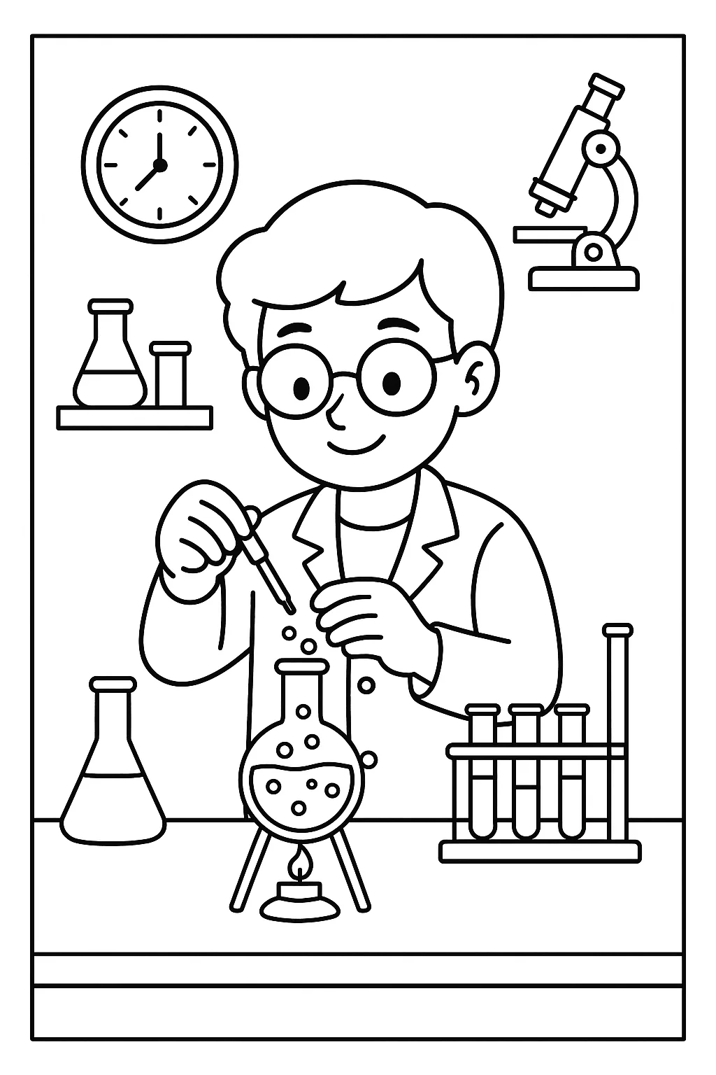 Desenho de cientista no laboratorio para colorir e imprimir