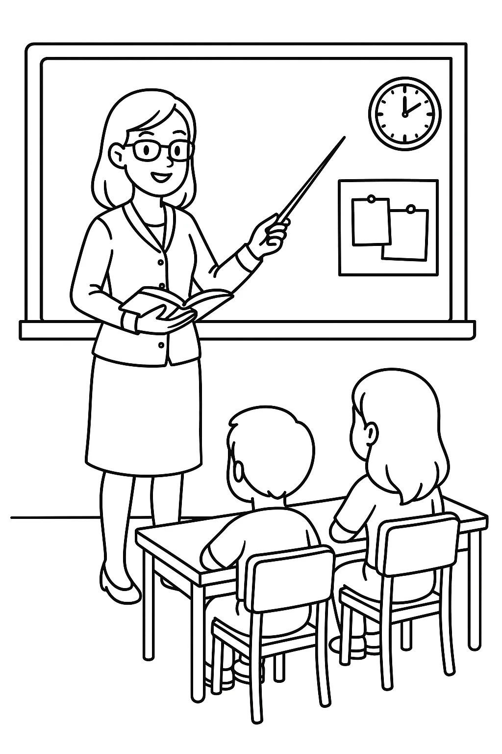 Desenho de professora na sala de aula para colorir e imprimir