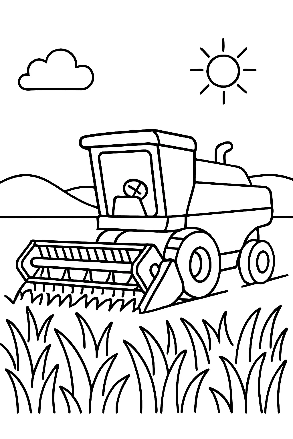 Desenho de colheitadeira no campo para colorir e imprimir