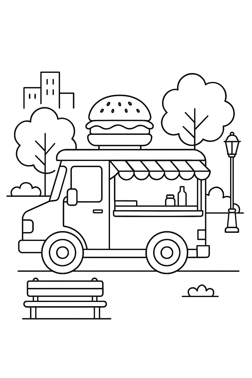 Desenho de food truck na praca para colorir e imprimir