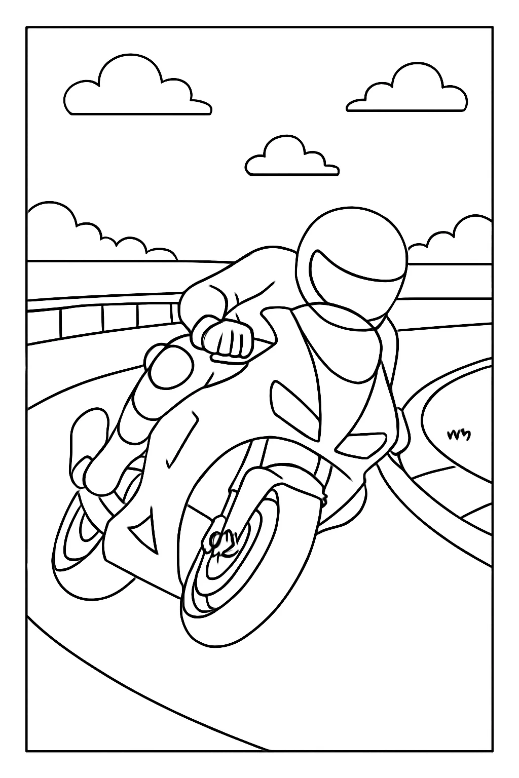Desenho de moto de corrida na pista para colorir e imprimir